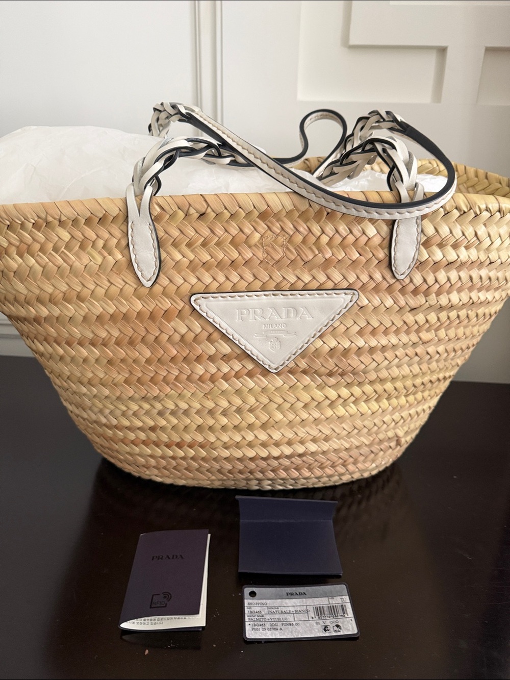 Prada Natural Straw Tote with White Trim and Braided Handles